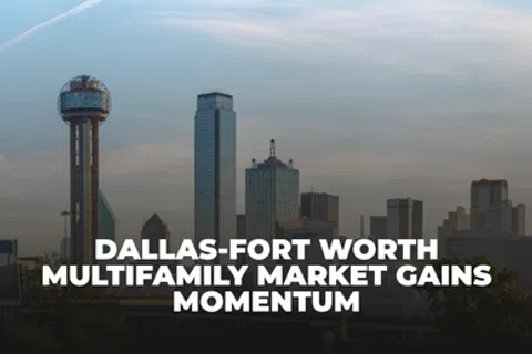 Dallas-Fort Worth skyline at dusk with text about multifamily market gaining momentum