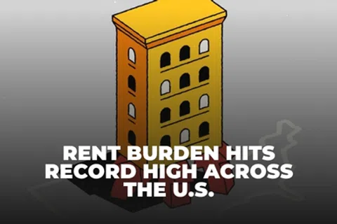 Illustration of a tall orange apartment building with text about record high rent burden in the U.S.