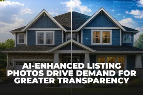Split image of a house showcasing AI-enhanced photo improvements for real estate listings and transparency.