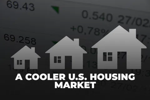 Three grey house icons of increasing size with text indicating a cooler U.S. housing market over a stock chart background
