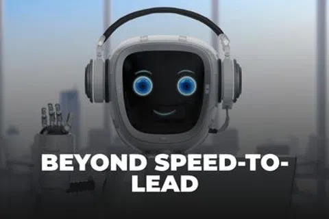 Friendly robot with blue eyes and headset waves hand above text Beyond Speed-To-Lead