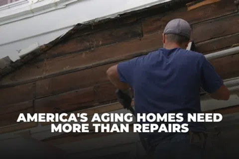 Man in blue shirt repairing the exterior of an aging home with text overlay about repair needs.