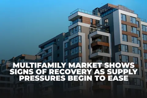 Modern multifamily apartment buildings under a clear blue sky with a caption about market recovery and eased supply pressures