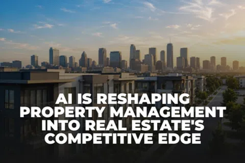 City skyline with modern buildings and text about AI reshaping property management in real estate.
