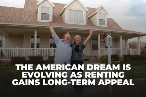 Happy couple stands in front of a suburban house celebrating, with text about renting and the American dream.