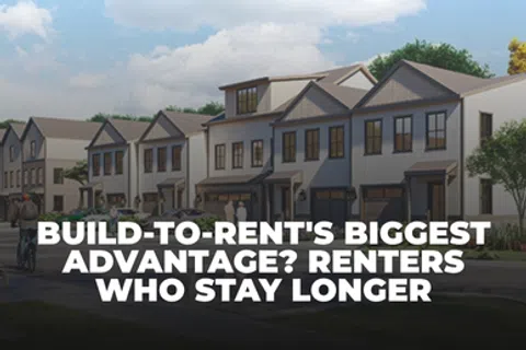 Modern build-to-rent townhouse community with residents and parked cars on a sunny day.