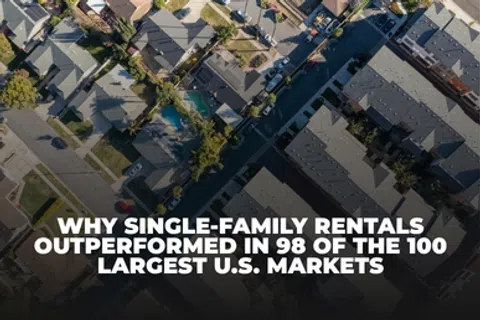 Aerial view of residential neighborhood with text highlighting single-family rental performance in US markets.