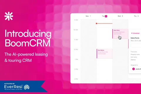 User interface of BoomCRM AI-powered leasing and touring CRM with scheduling calendar on pink gradient background.