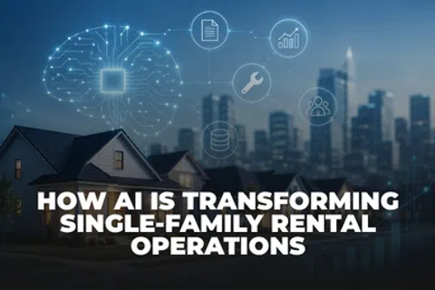 Digital brain and icons over suburban houses illustrating AI transforming single-family rental operations.