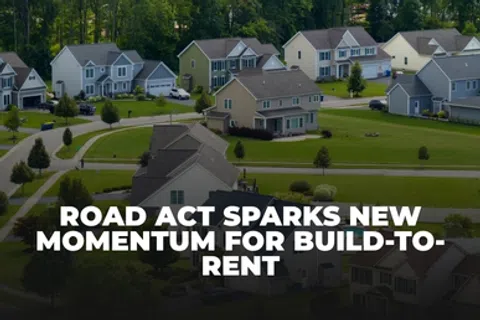 Suburban neighborhood with multiple houses and text about new momentum for build-to-rent housing.