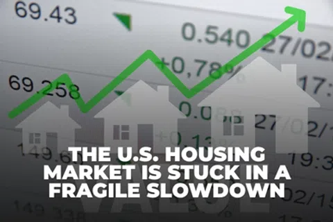 U.S. housing market slowdown with rising green arrow and house icons showing fragile growth trend