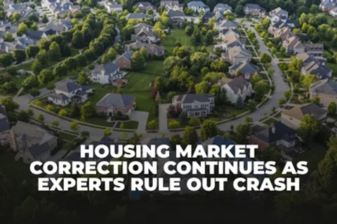 Aerial view of a suburban neighborhood with houses and greenery highlighting a housing market update.