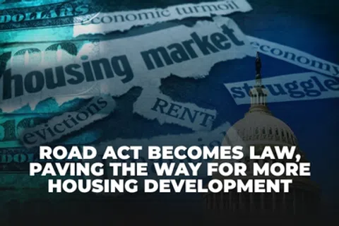 Collage of housing market headlines, economic terms, and Capitol dome with law passage text about housing development.