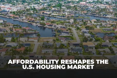 Aerial view of a U.S. suburban neighborhood with waterways and houses illustrating housing market affordability.