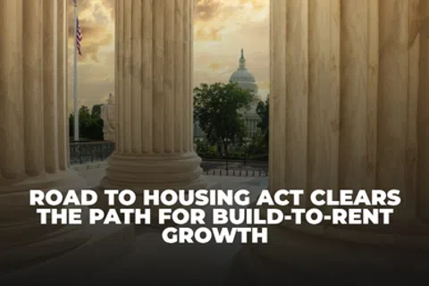 Columns of a government building with the Capitol dome in the background and text about housing act growth.