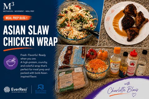 Ingredients and cooked chicken pieces for preparing an Asian slaw chicken wrap with sauces and bread.