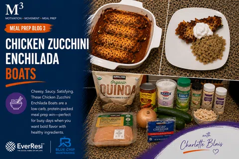 Chicken zucchini enchilada boats with quinoa and ingredients including chicken, cheese, spices, and salsa.