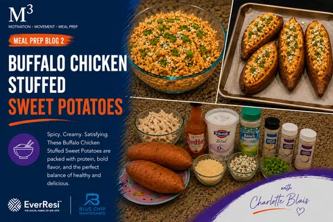 Buffalo chicken stuffed sweet potatoes with ingredients and prepared bowls on a tray and table.
