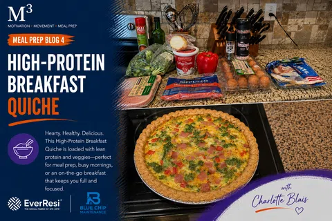 High-protein breakfast quiche with ham, eggs, cheese, and veggies on a kitchen counter with ingredients.