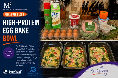 Ingredients and prepared high-protein egg bake bowls with vegetables and cottage cheese on kitchen counter.