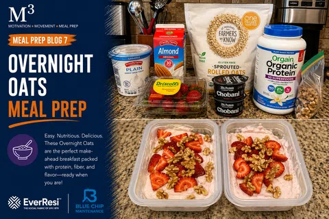 Overnight oats meal prep with strawberries, walnuts, yogurt, almond milk, rolled oats, and organic protein powder.