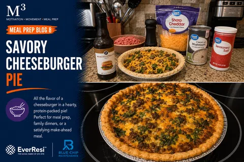 Savory cheeseburger pie with ground beef, cheese, and spinach ingredients on kitchen counter and baked pie on stove.