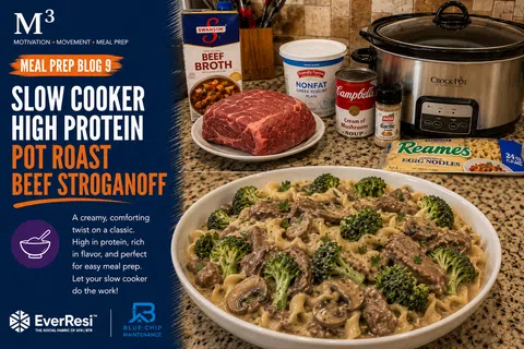 High protein slow cooker beef stroganoff with broccoli and noodles, beef broth, yogurt, cream soup, garlic, and slow cooker on counter.