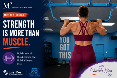 Woman performing pull-ups in gym with motivational text Strength is more than muscle on left side