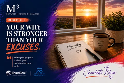Motivational blog post image featuring a notebook, pen, coffee mug, and sunset view encouraging purpose over excuses.