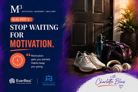 Blog post image showing workout shoes, water bottle, gym bag, and headphones with motivation quote and branding.