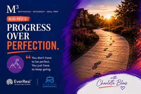 Footprints on a sunlit pathway beside homes symbolizing progress over perfection motivational blog post.