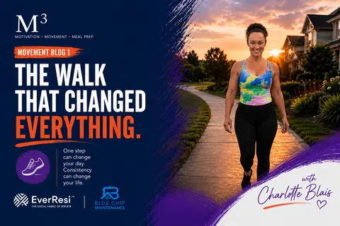 Smiling woman walking on a neighborhood path at sunset promoting motivation and movement for lifestyle change.