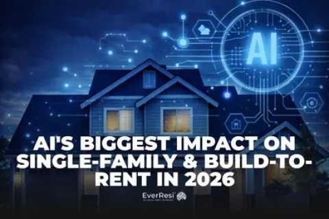 House at night with glowing AI digital network graphic showing AI's impact on single-family housing and rentals in 2026