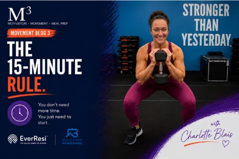 Woman doing a squat with a dumbbell in gym promoting the 15-minute rule for fitness motivation and movement.