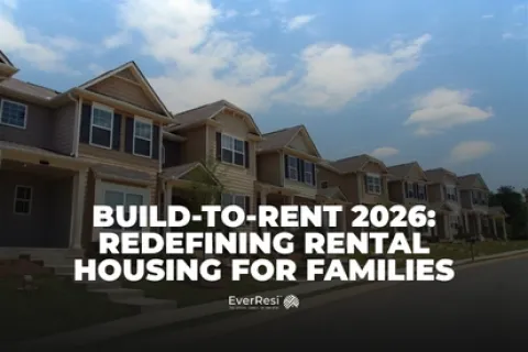 Row of modern suburban houses under blue sky with text about build-to-rent 2026 and family housing innovation.