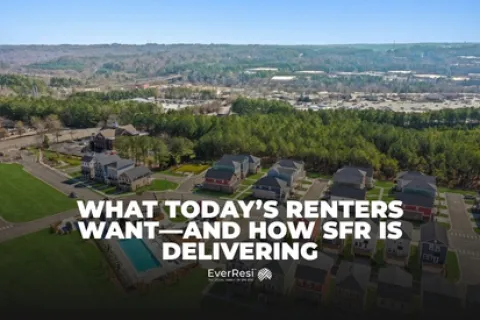 Aerial view of a suburban residential neighborhood with homes and a pool, text about renters and SFR delivery.