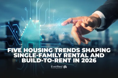 Hand pointing at digital house icon with text on single-family rental housing trends in 2026.