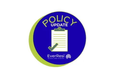 Circular badge with clipboard and checkmark icon showing policy update by EverResi.