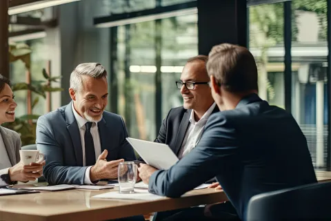 Group of diverse business professionals having a meeting and discussing ideas around a table in a modern office.