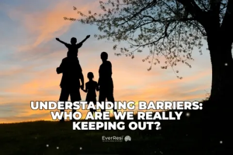 Silhouetted family standing under a tree at sunset with text about understanding barriers and exclusion.