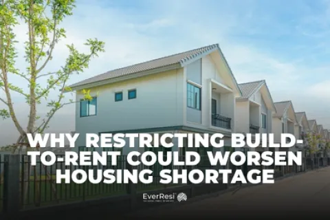 Row of modern houses under blue sky with text about build-to-rent housing shortage impact