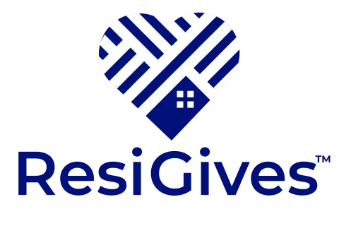 ResiGives logo with a heart composed of blue and white patterns and a small house icon inside.
