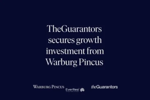TheGuarantors announces securing growth investment from Warburg Pincus with partner logos on dark background.