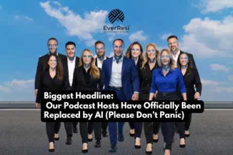 Group of business professionals with digital AI effects on faces walking confidently under EverResi logo and podcast AI headline.