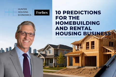 Real estate expert next to houses under construction with headline about homebuilding and rental housing predictions.
