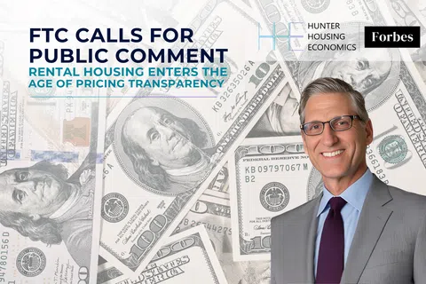 Businessman in suit with glasses stands before a background of US hundred dollar bills and FTC public comment text.