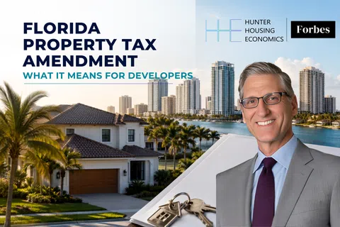 Real estate developer with skyline and house background discussing Florida property tax amendment impact.