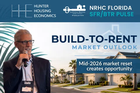 Speaker presenting on build-to-rent market outlook with Florida suburban homes and palm trees background.