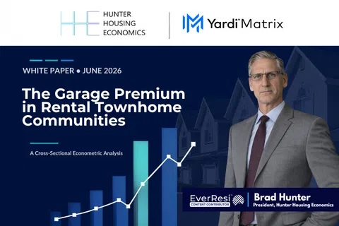 White paper cover on garage premium in rental townhome communities with bar graph and professional man in suit.