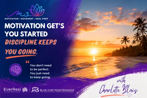 Sunset beach with palm trees and motivational text about discipline and perseverance by Charlotte Blais.